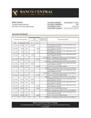 Sao Tome and Principe Banco Central de S.Tome e Principe bank statement, Excel and PDF template