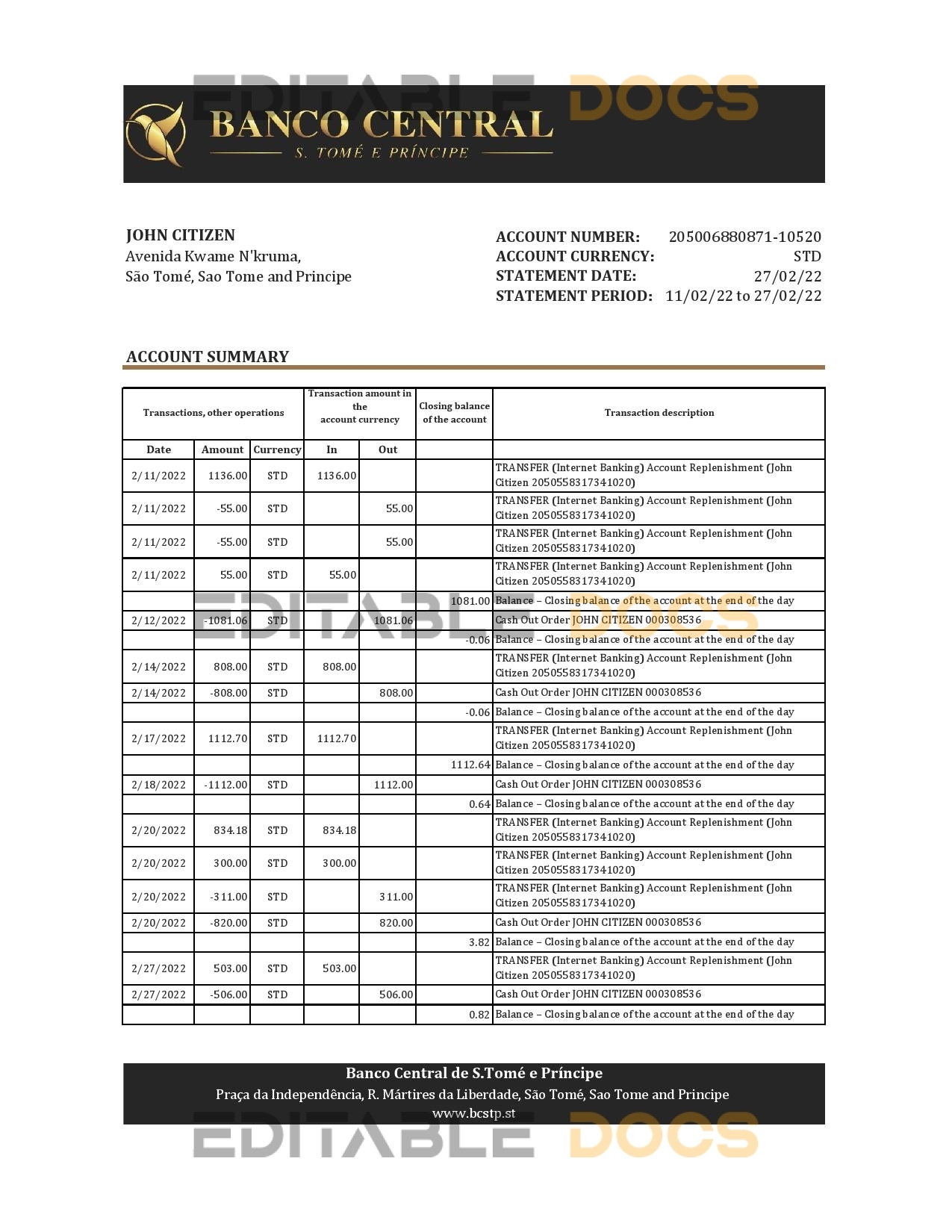 Sao Tome and Principe Banco Central de S.Tome e Principe bank statement, Excel and PDF template