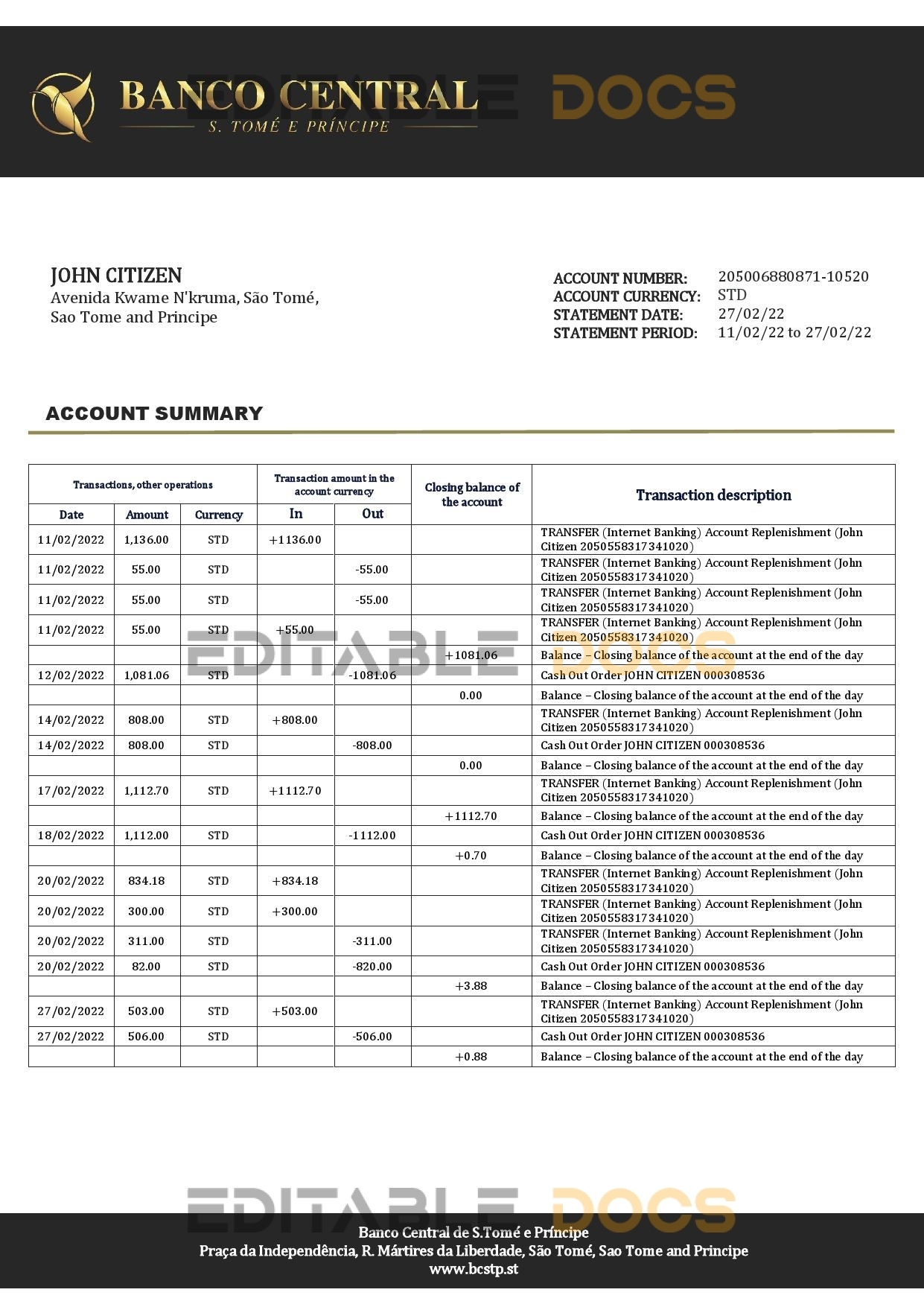 Sao Tome and Principe Banco Central de S.Tome e Principe bank statement template in Word and PDF format