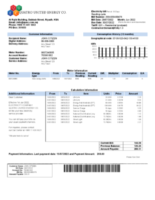 Saudi Quatro United Energy Co. utility bill, Word and PDF template