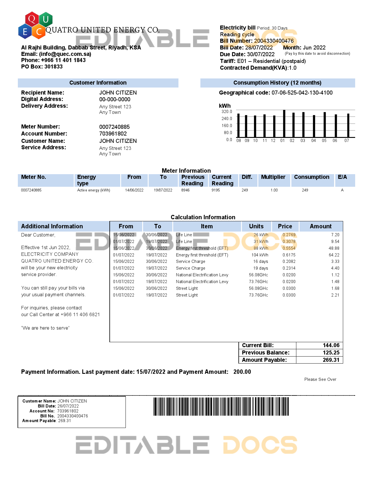 Saudi Quatro United Energy Co. utility bill, Word and PDF template