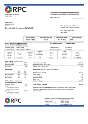 Saudi Arabia Rabigh Power Company utility bill, Word and PDF template
