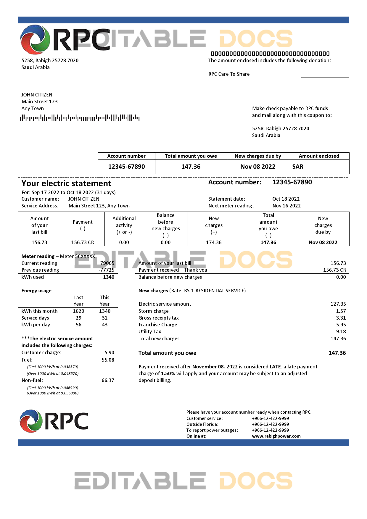 Saudi Arabia Rabigh Power Company utility bill, Word and PDF template