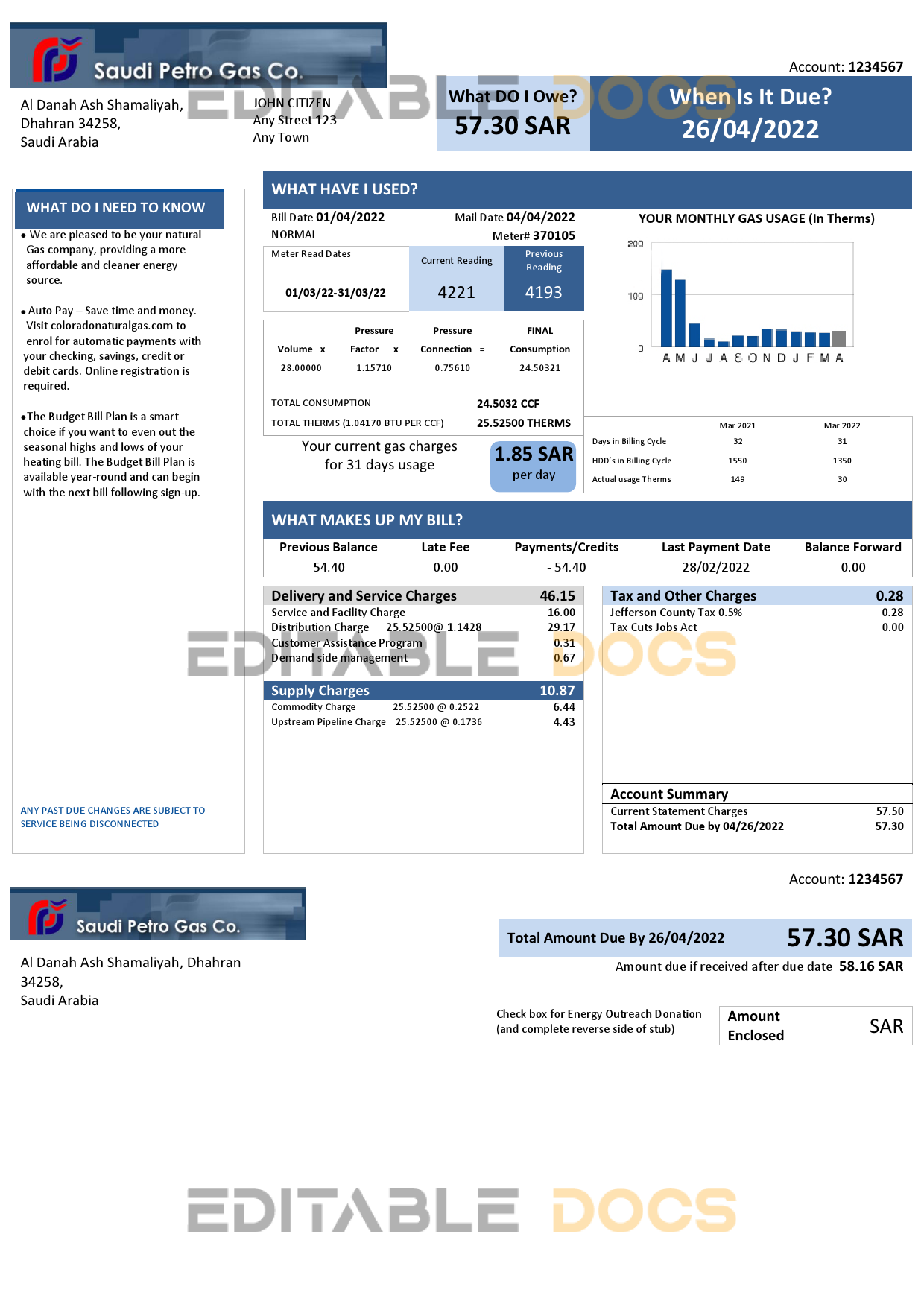 Saudi Arabia Saudi Petro Gas utility bill, Word and PDF template