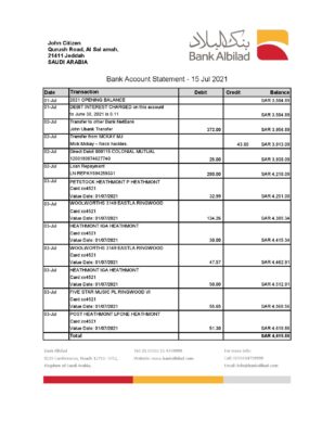 Saudi Arabia Bank Albilad bank statement easy to fill template in Excel and PDF format