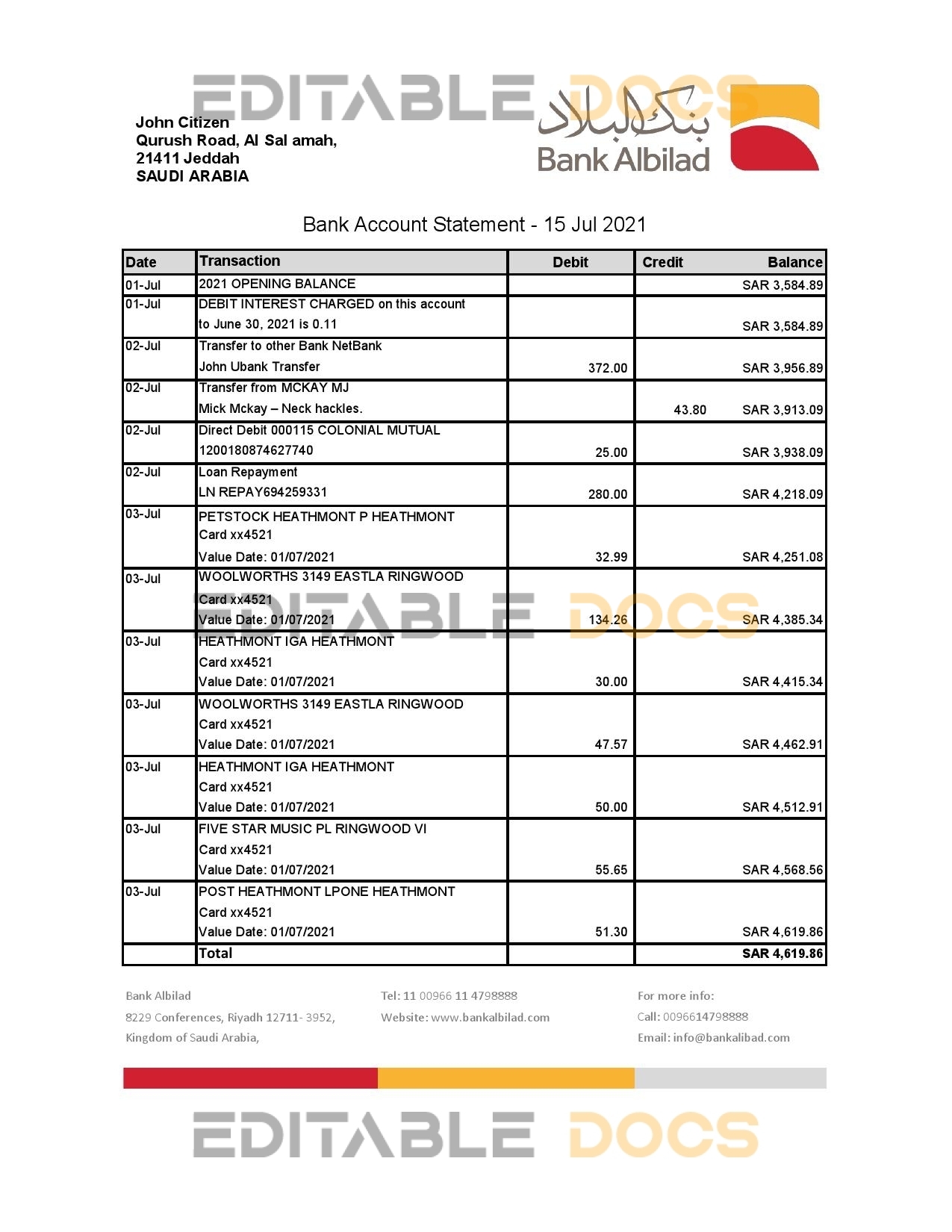Saudi Arabia Bank Albilad bank statement easy to fill template in Excel and PDF format