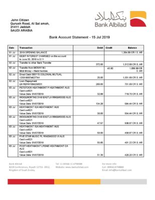 Saudi Arabia Bank Albilad bank statement template in Word and PDF format