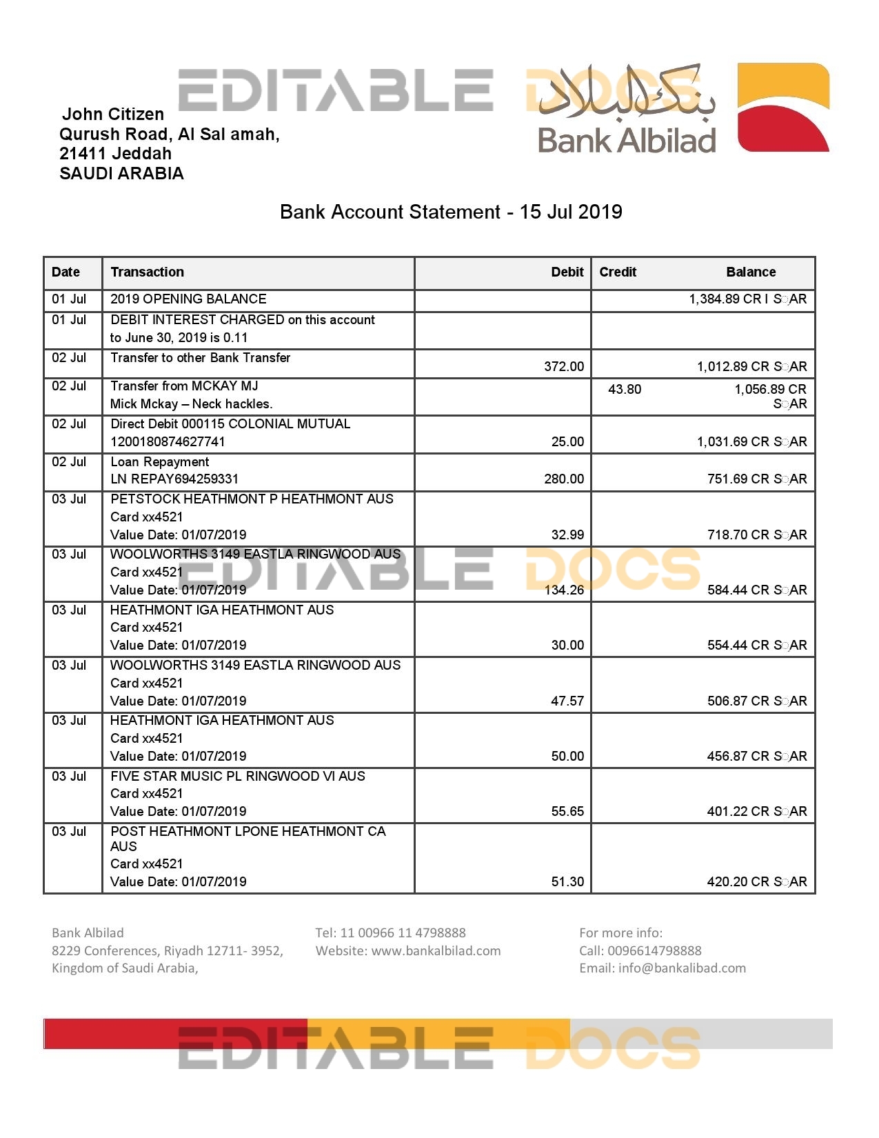 Saudi Arabia Bank Albilad bank statement template in Word and PDF format