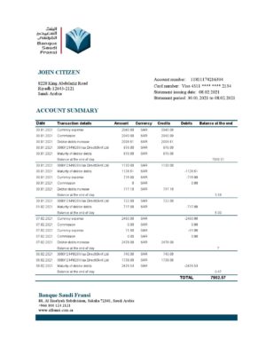 Saudi Arabia Banque Saudi Fransi bank statement easy to fill template in Excel and PDF format