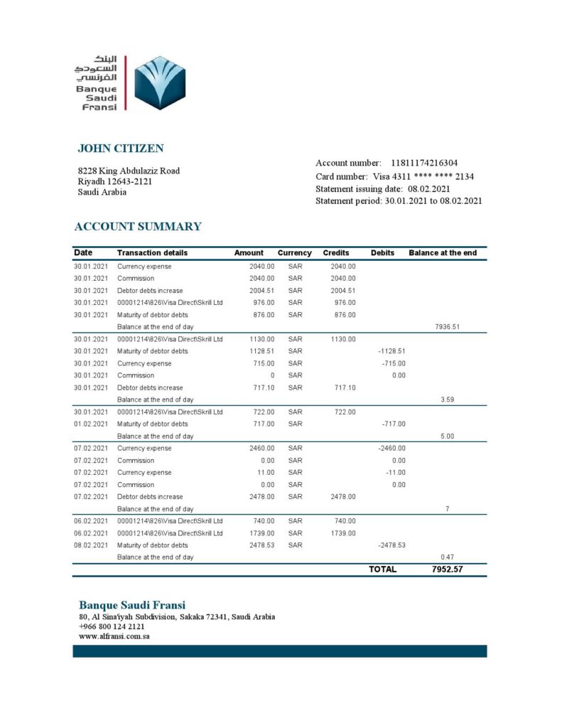 Saudi Arabia Banque Saudi Fransi bank statement easy to fill template in Excel and PDF format