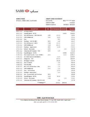 Saudi Arabia SABB bank statement, Excel and PDF template