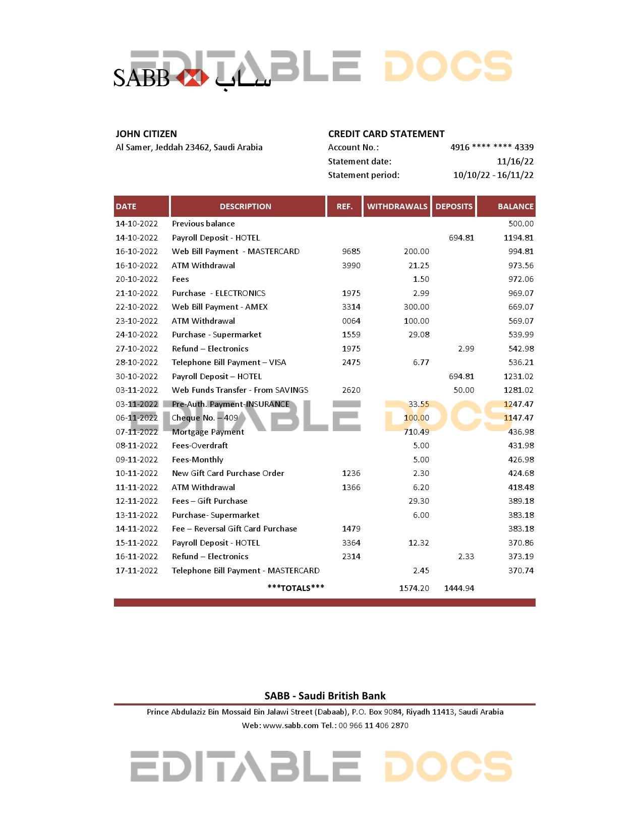 Saudi Arabia SABB bank statement, Excel and PDF template