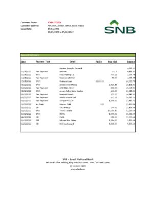Saudi Arabia SNB bank statement, Excel and PDF template