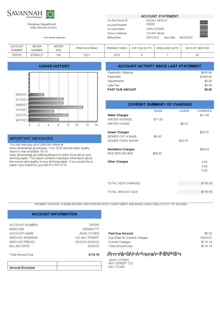 USA Georgia Savannah utility bill template in Word and PDF format