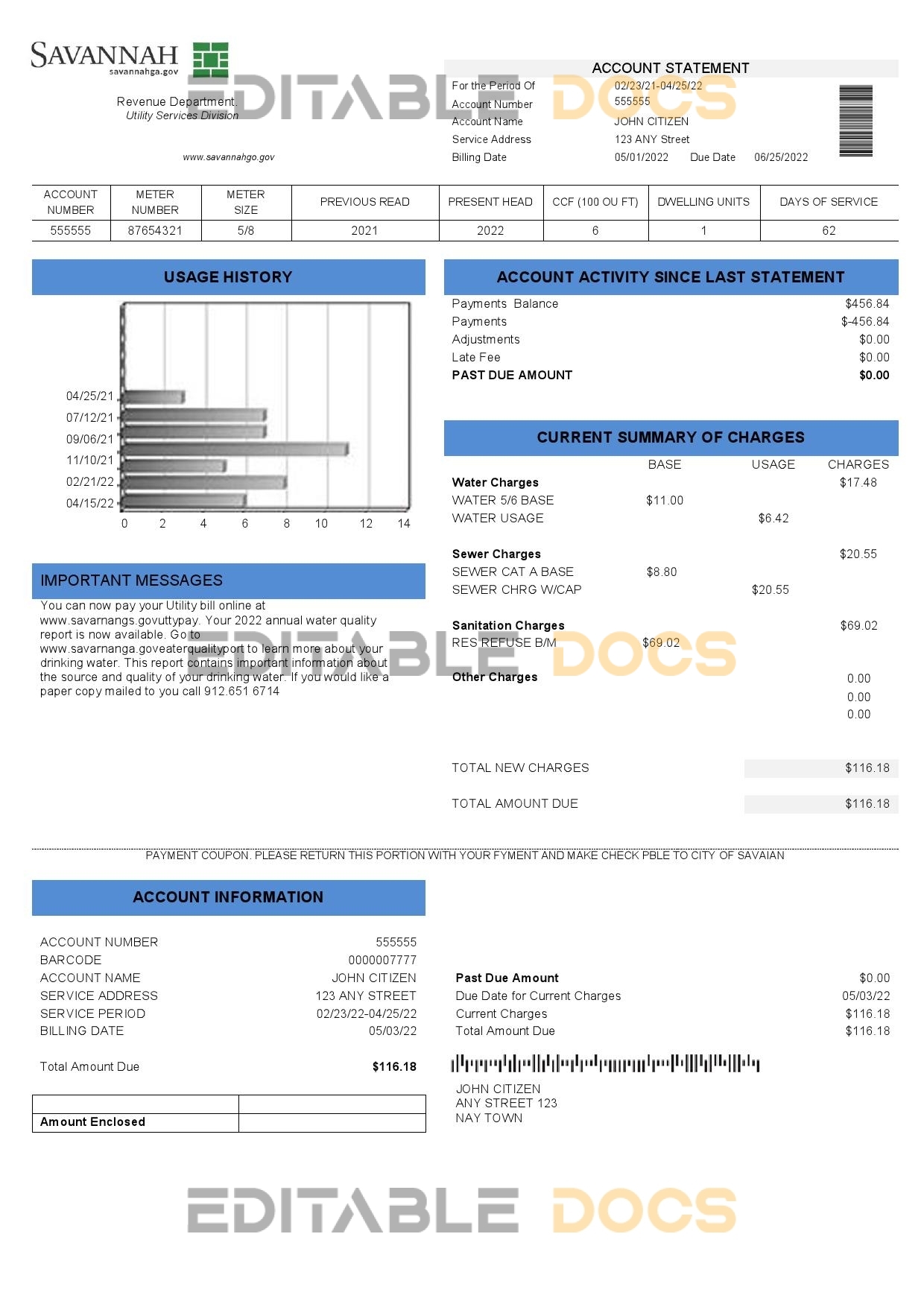 USA Georgia Savannah utility bill template in Word and PDF format