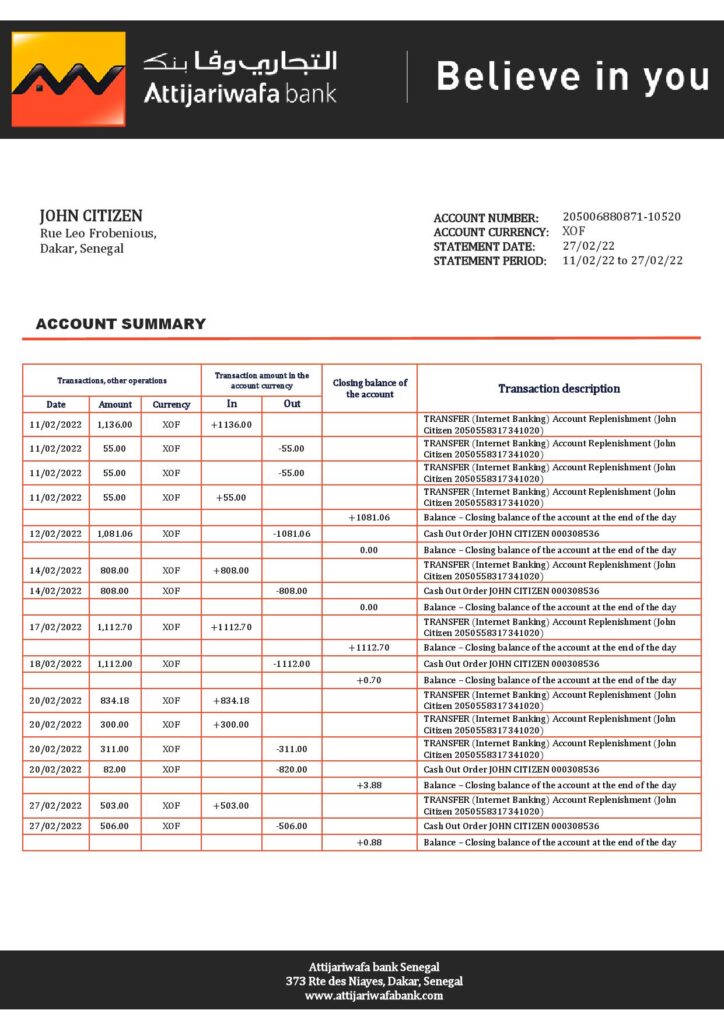 Senegal Attijariwafa bank statement template in Word and PDF format