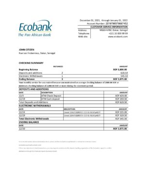 Senegal Ecobank bank statement, Excel and PDF template