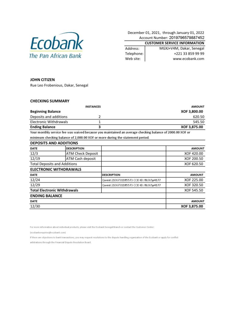 Senegal Ecobank bank statement, Excel and PDF template