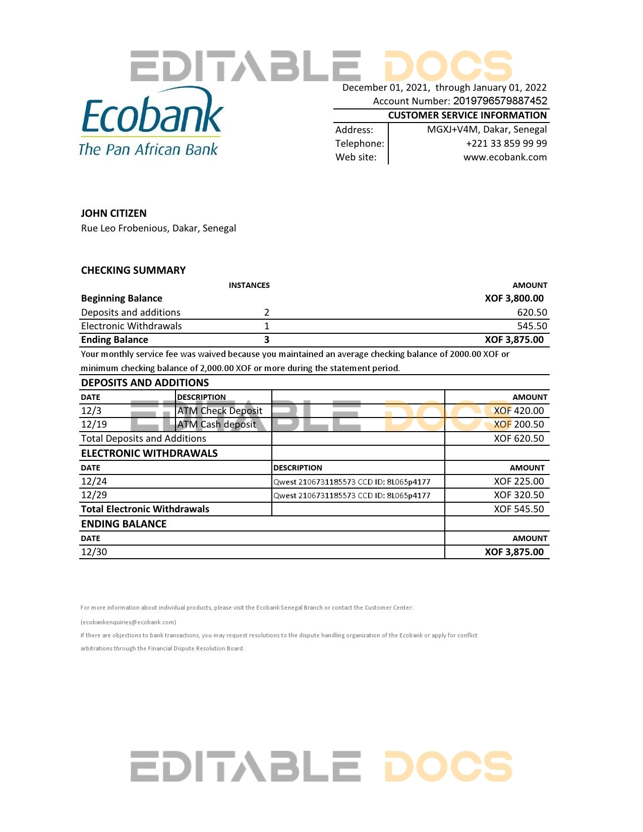 Senegal Ecobank bank statement, Excel and PDF template