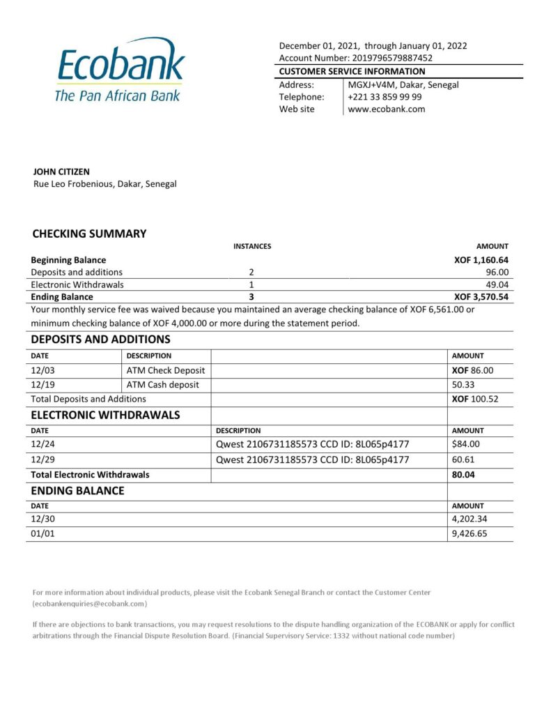 Senegal Ecobank bank statement template in Word and PDF format