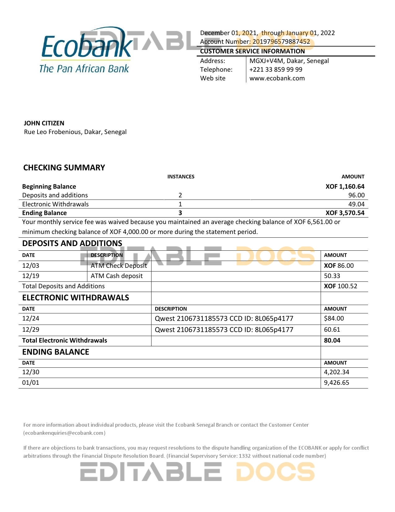 Senegal Ecobank bank statement template in Word and PDF format