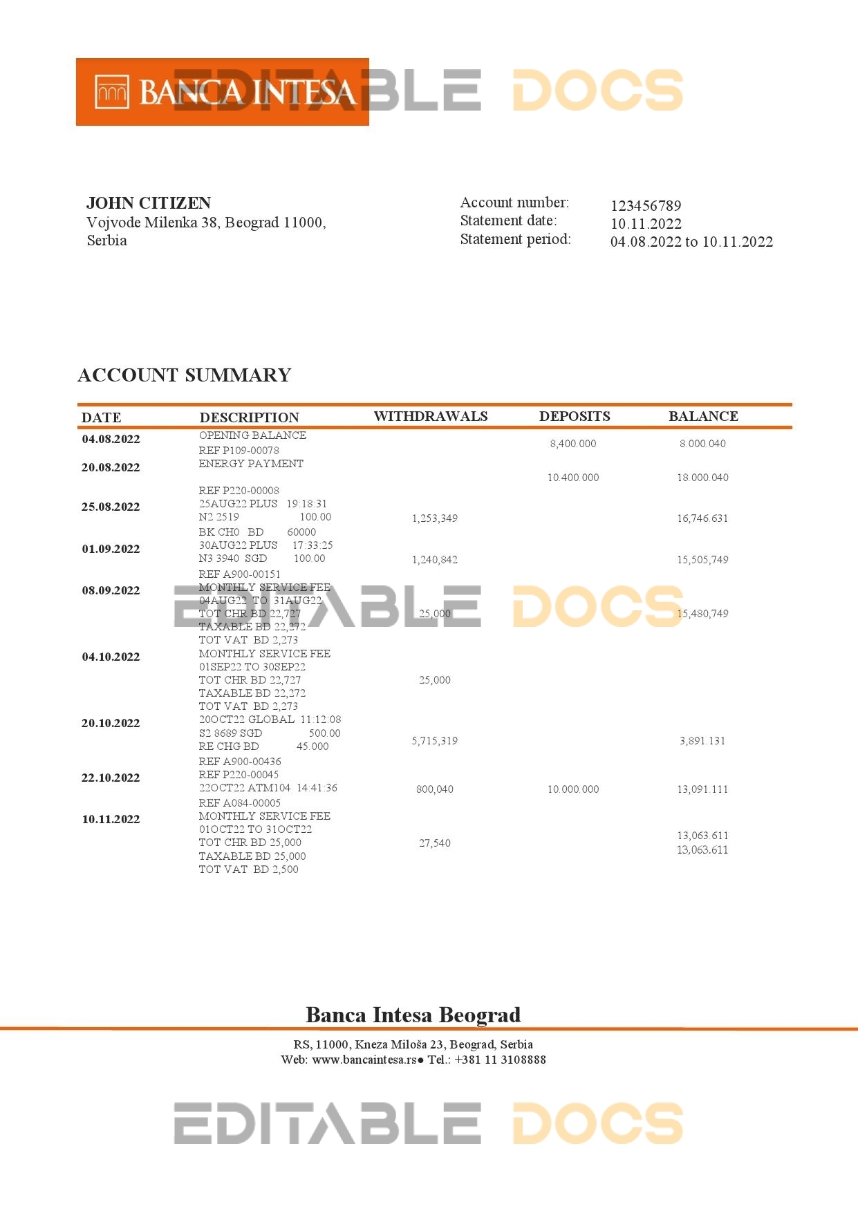 Serbia Banca Intesa bank statement template in Word and PDF format