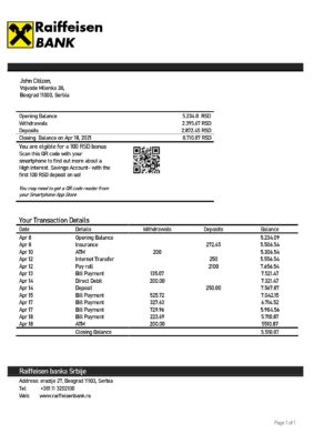 Serbia Raiffeisen bank statement template in Word and PDF format