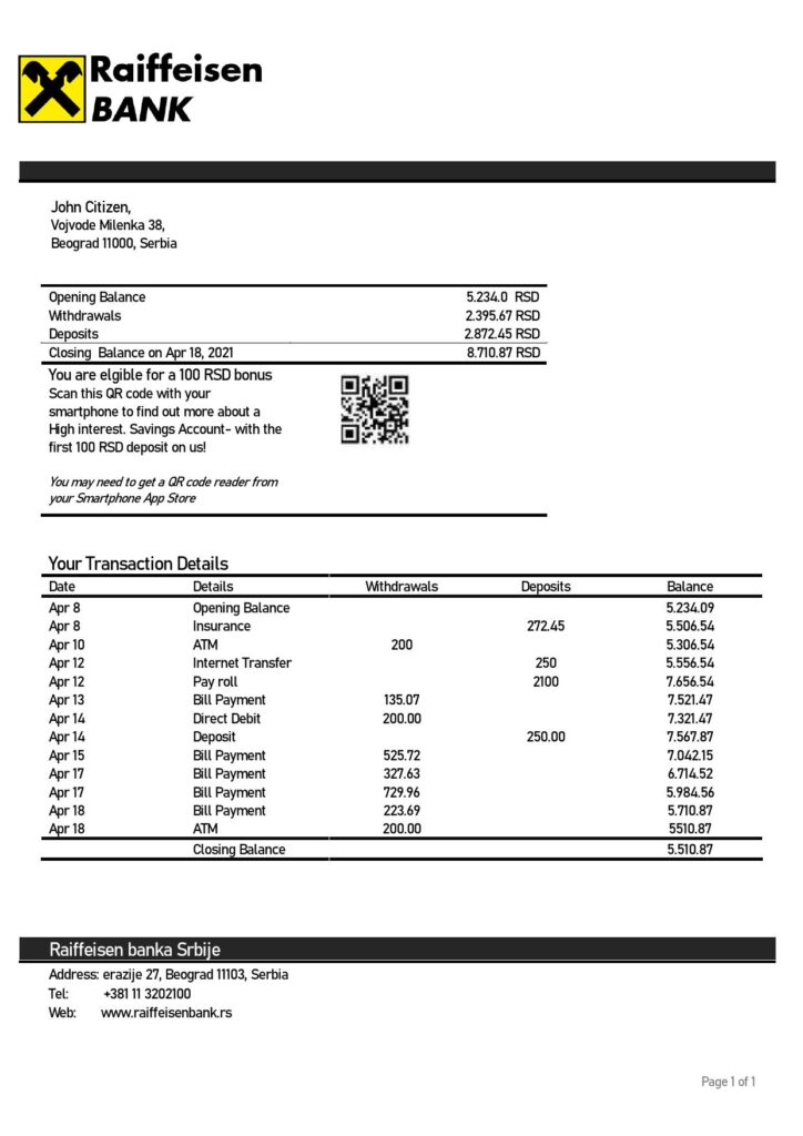 Serbia Raiffeisen bank statement template in Word and PDF format