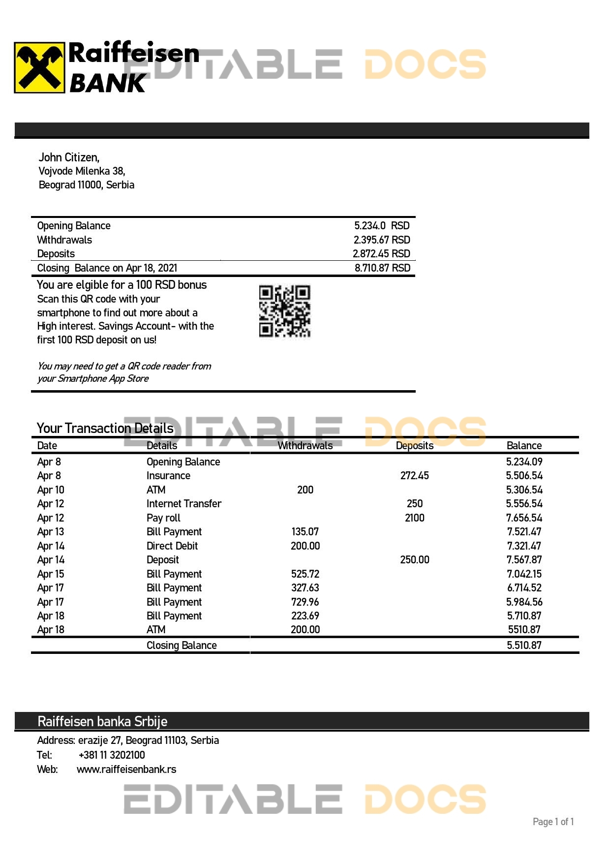 Serbia Raiffeisen bank statement template in Word and PDF format