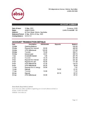 Seychelles ABSA bank statement, Excel and PDF template