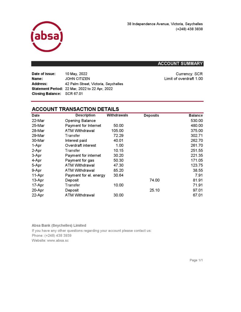 Seychelles ABSA bank statement, Excel and PDF template