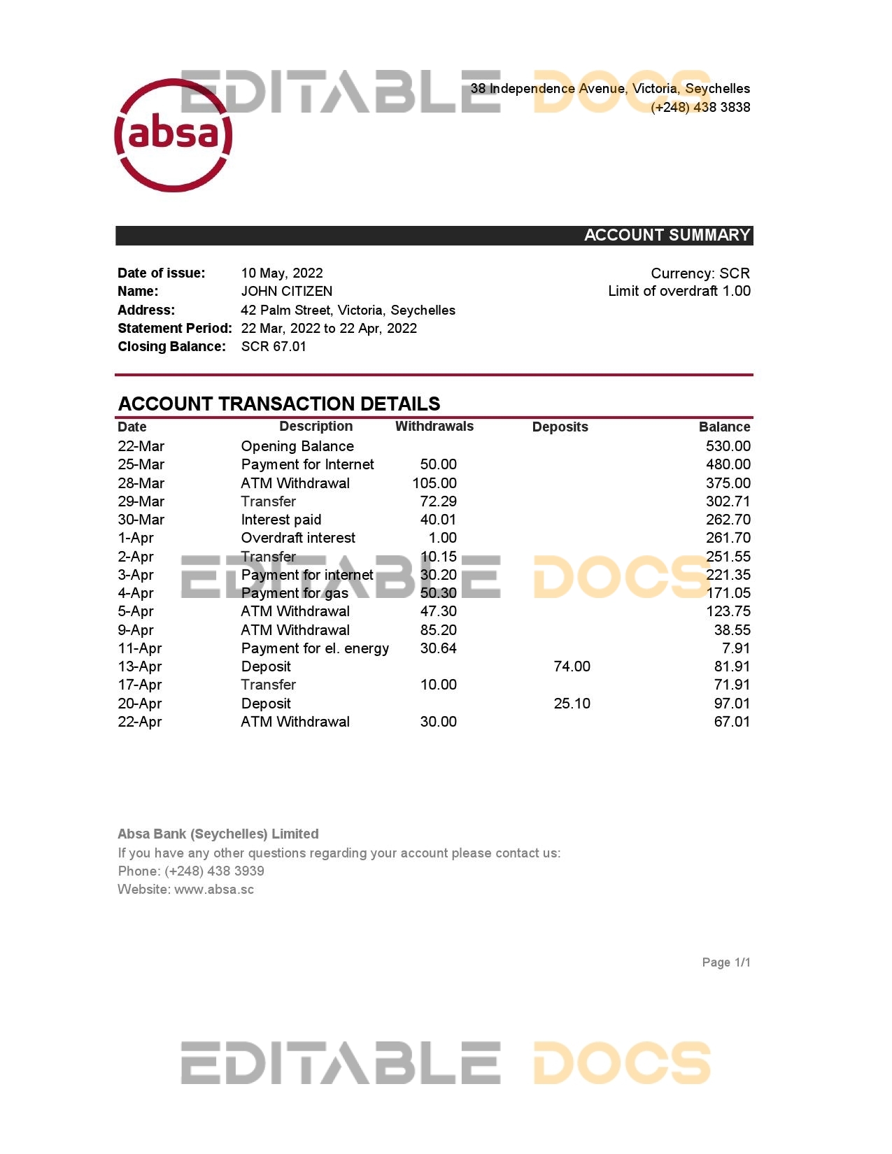 Seychelles ABSA bank statement, Excel and PDF template