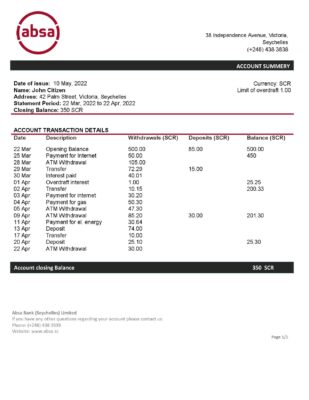 Seychelles ABSA bank statement template in Word and PDF format