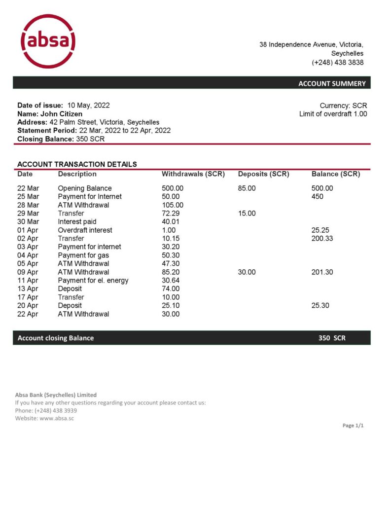 Seychelles ABSA bank statement template in Word and PDF format