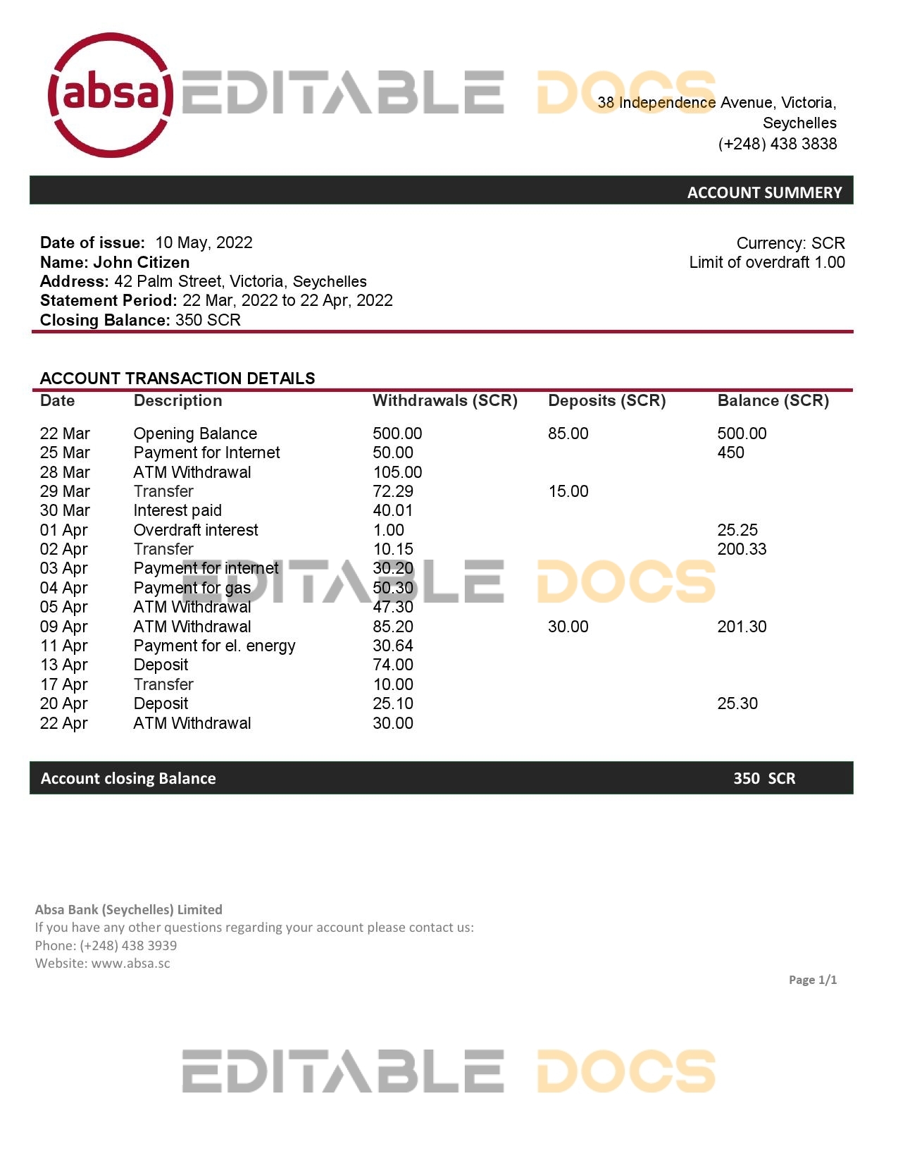 Seychelles ABSA bank statement template in Word and PDF format