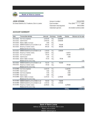 Sierra Leone Bank of Sierra Leone bank statement, Excel and PDF template