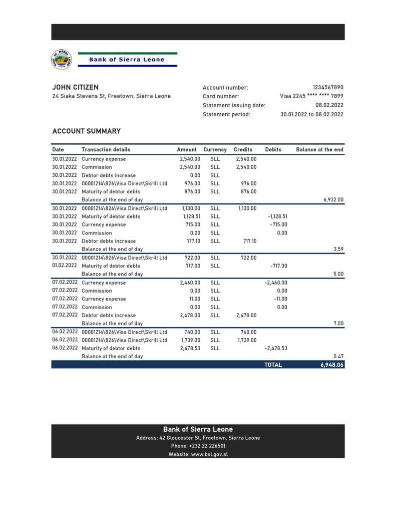 Sierra Leone Bank of Sierra Leone bank statement, Excel and PDF template