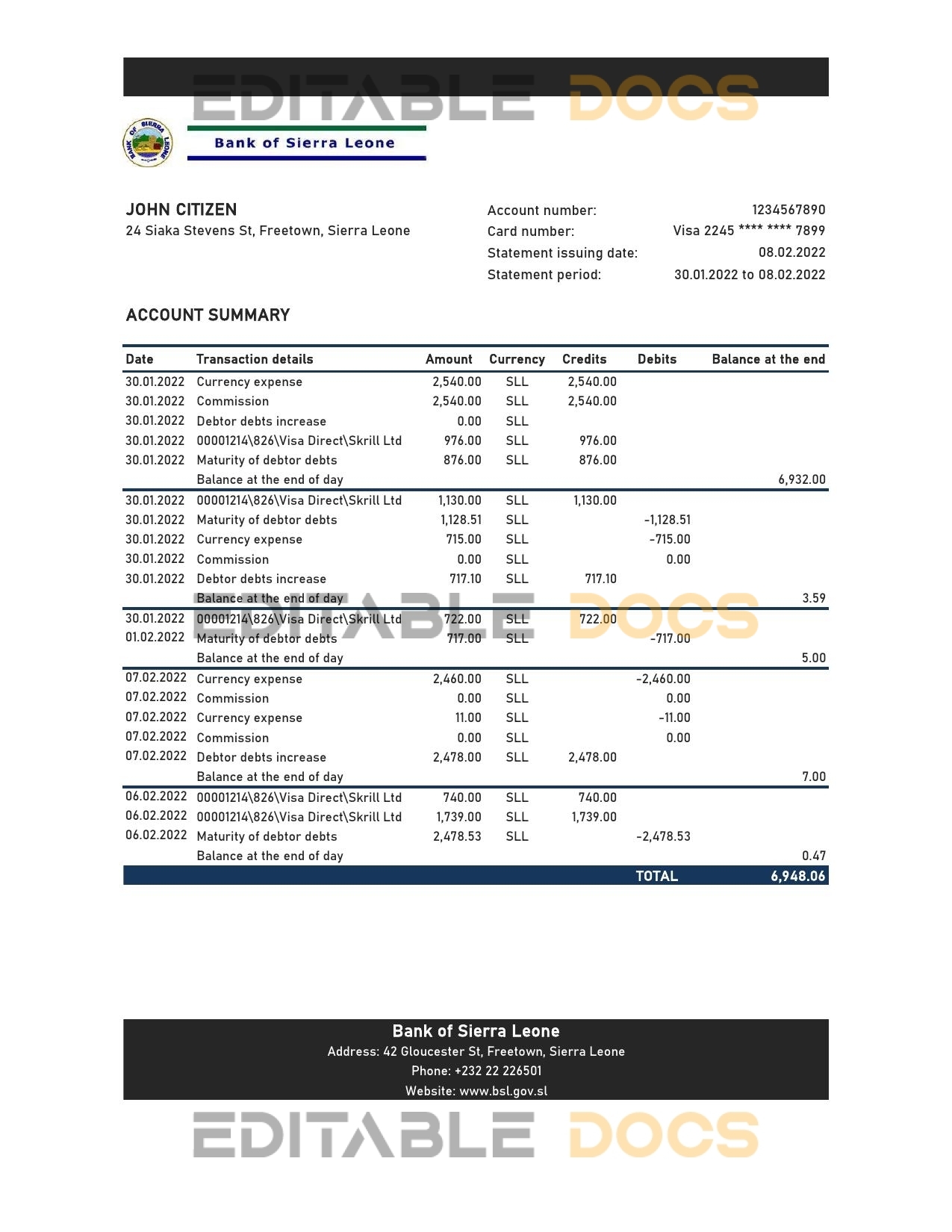 Sierra Leone Bank of Sierra Leone bank statement, Excel and PDF template