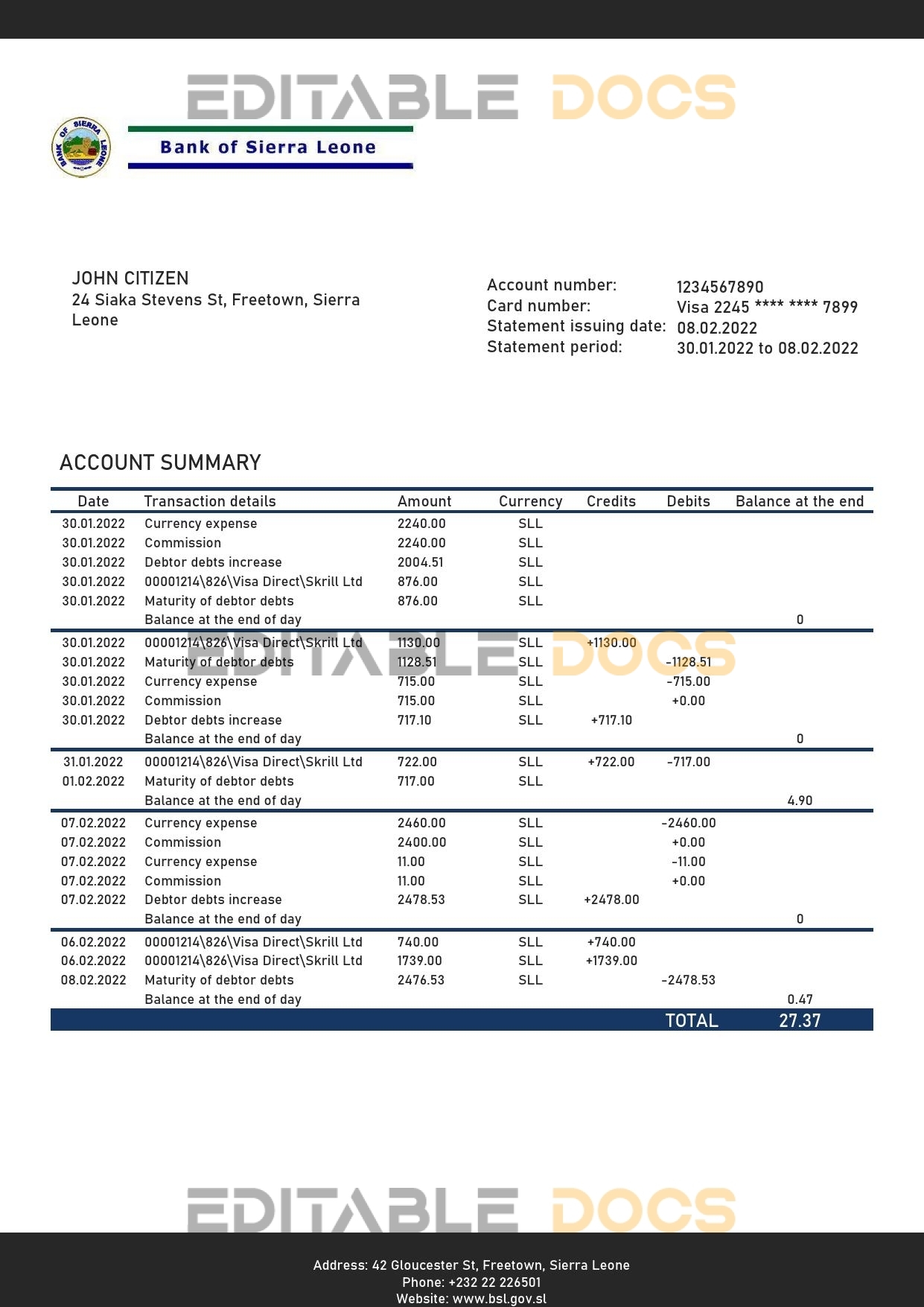 Sierra Leone Bank of Sierra Leone bank statement template in Word and PDF format