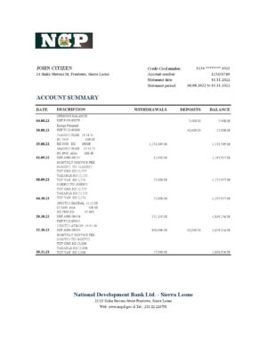 Sierra Leone National Development bank statement, Excel and PDF template