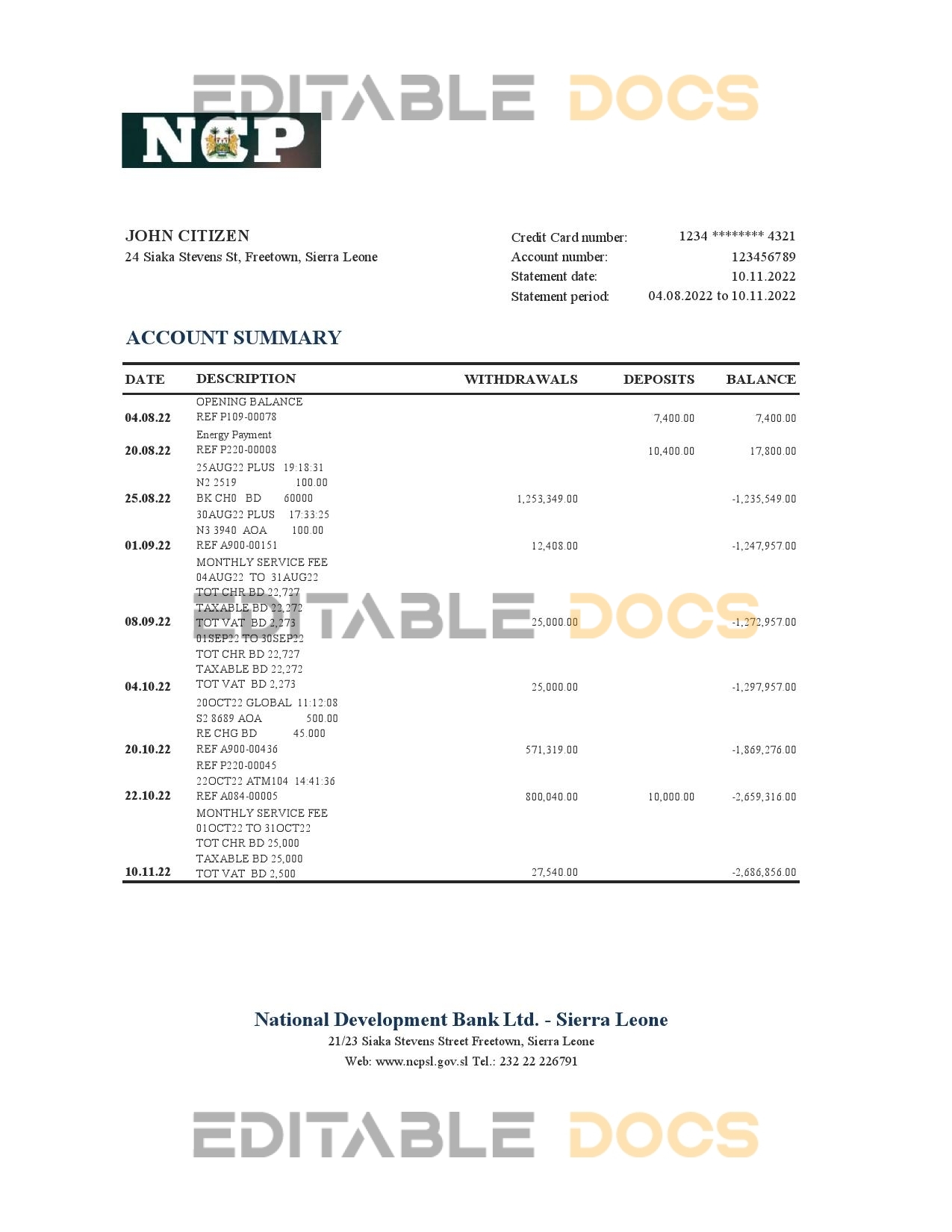 Sierra Leone National Development bank statement, Excel and PDF template