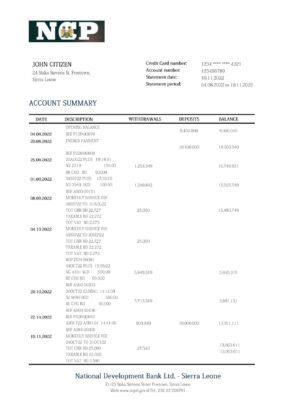 Sierra Leone National Development bank statement template in Word and PDF format