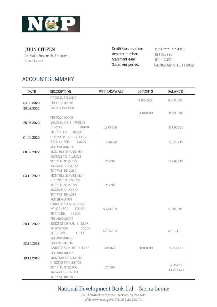 Sierra Leone National Development bank statement template in Word and PDF format