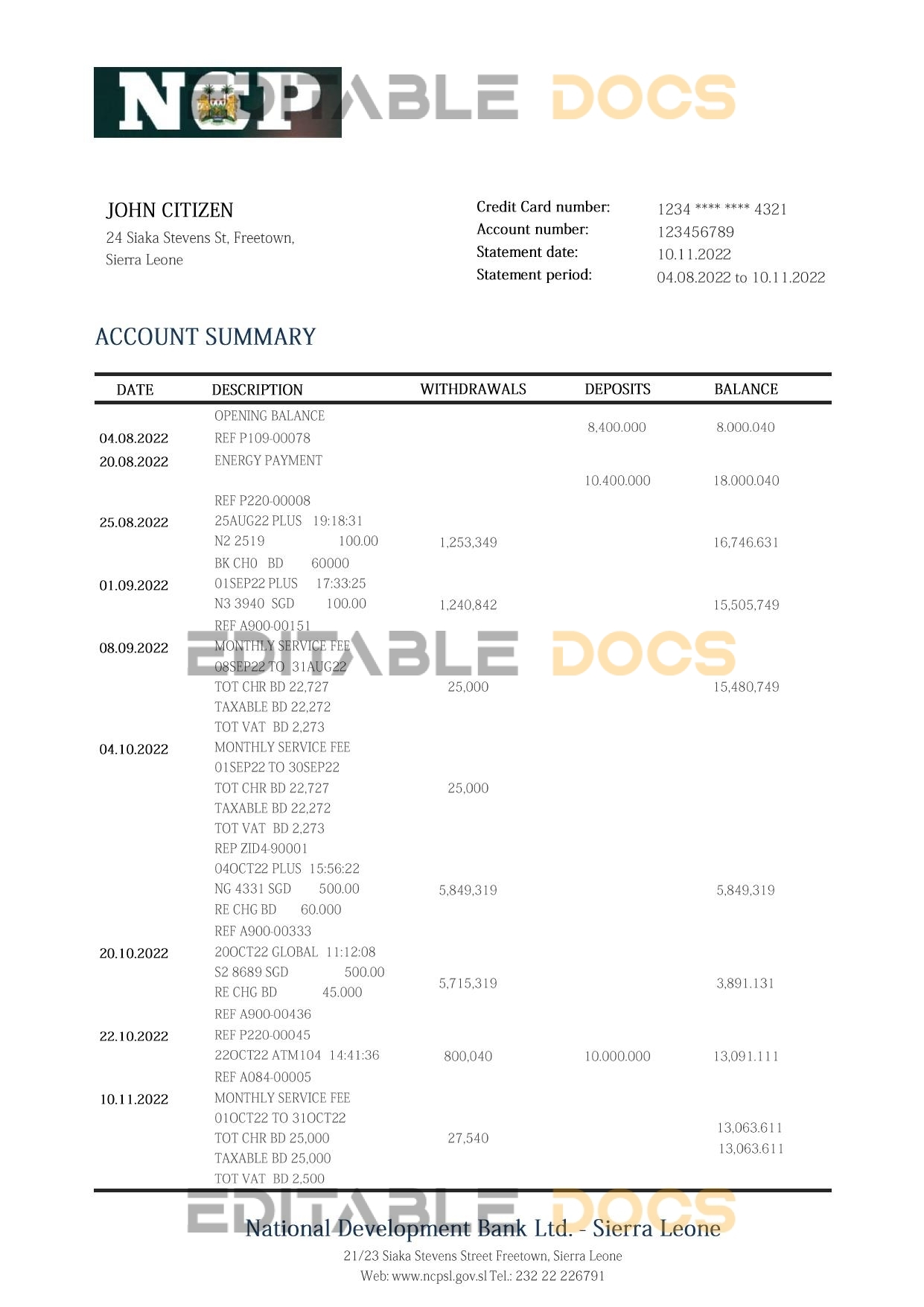 Sierra Leone National Development bank statement template in Word and PDF format