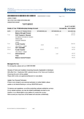 Singapore DBS Bank statement template in Excel and PDF format (2 pages)