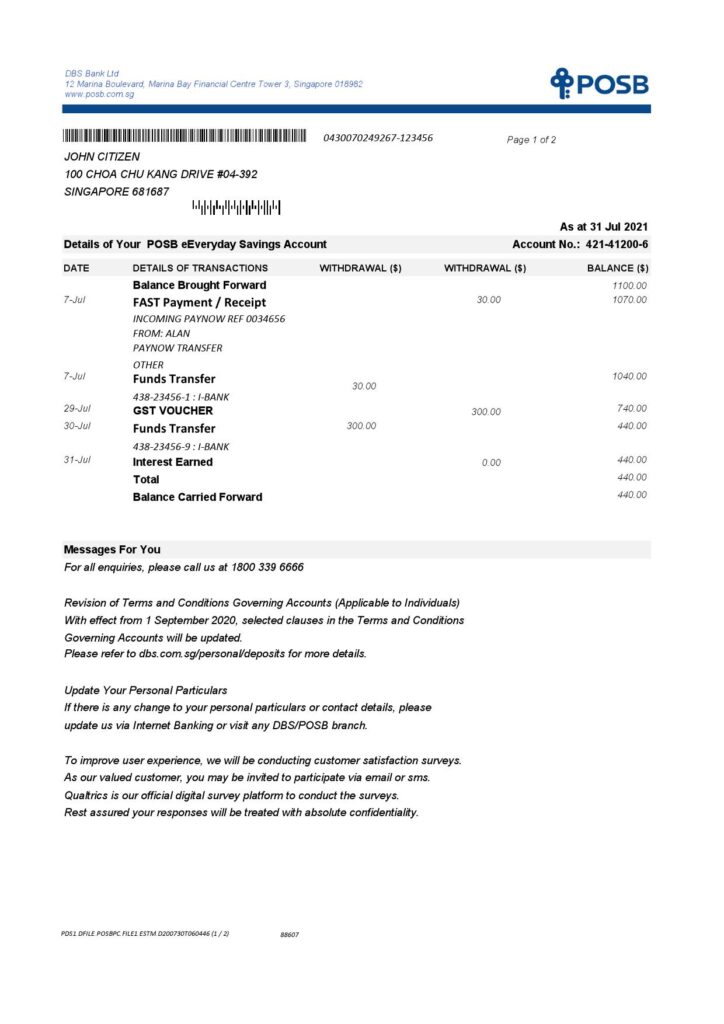 Singapore DBS Bank statement template in Excel and PDF format (2 pages)