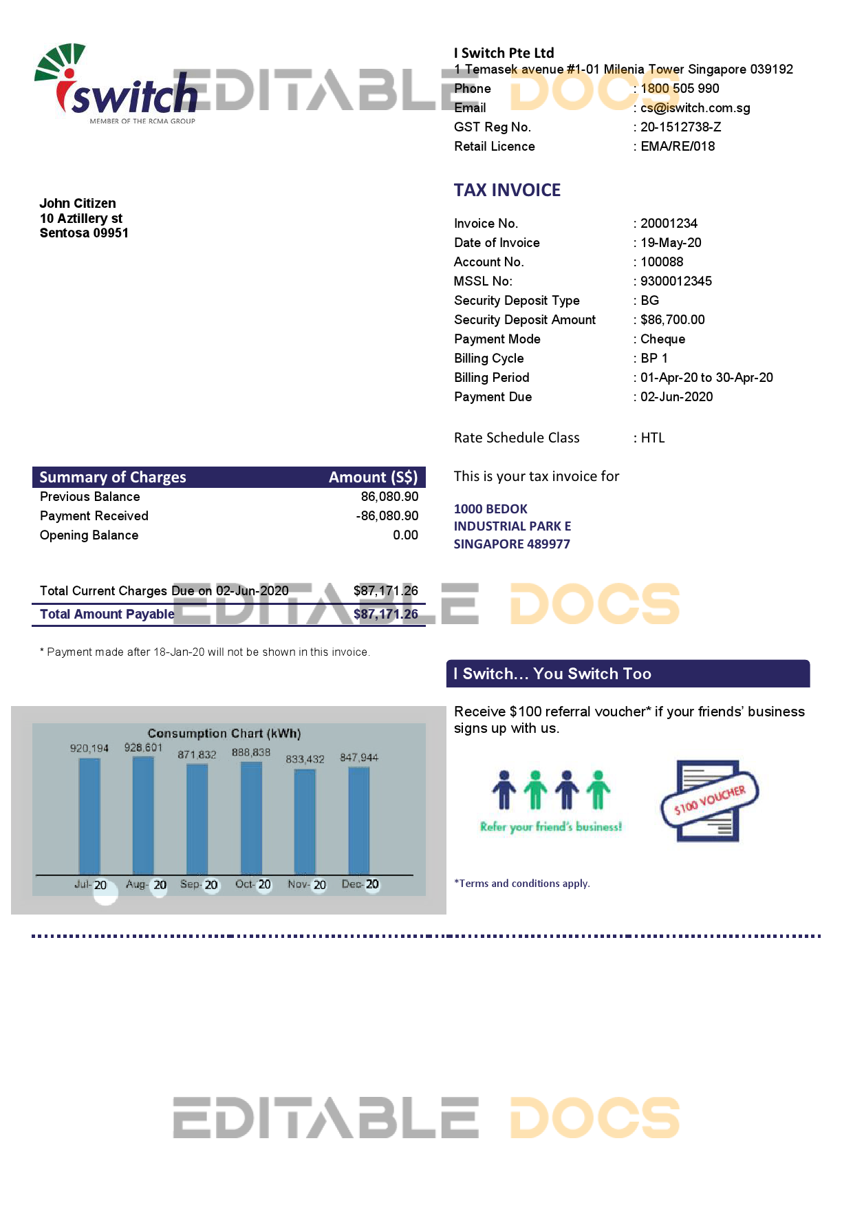 Singapore Iswitch energy utility bill template, fully editable in PSD format