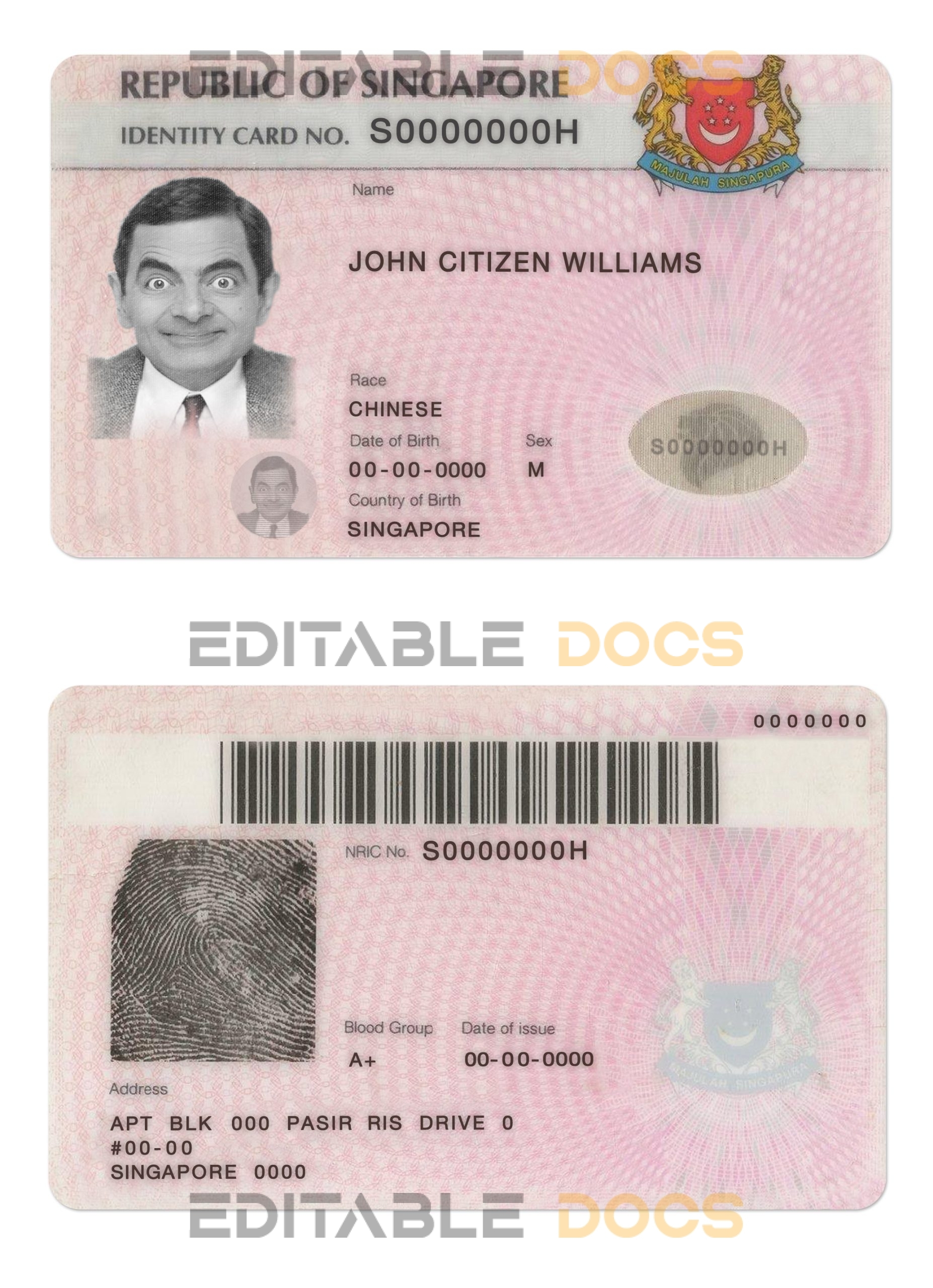 Singapore identity card PSD template, completely editable