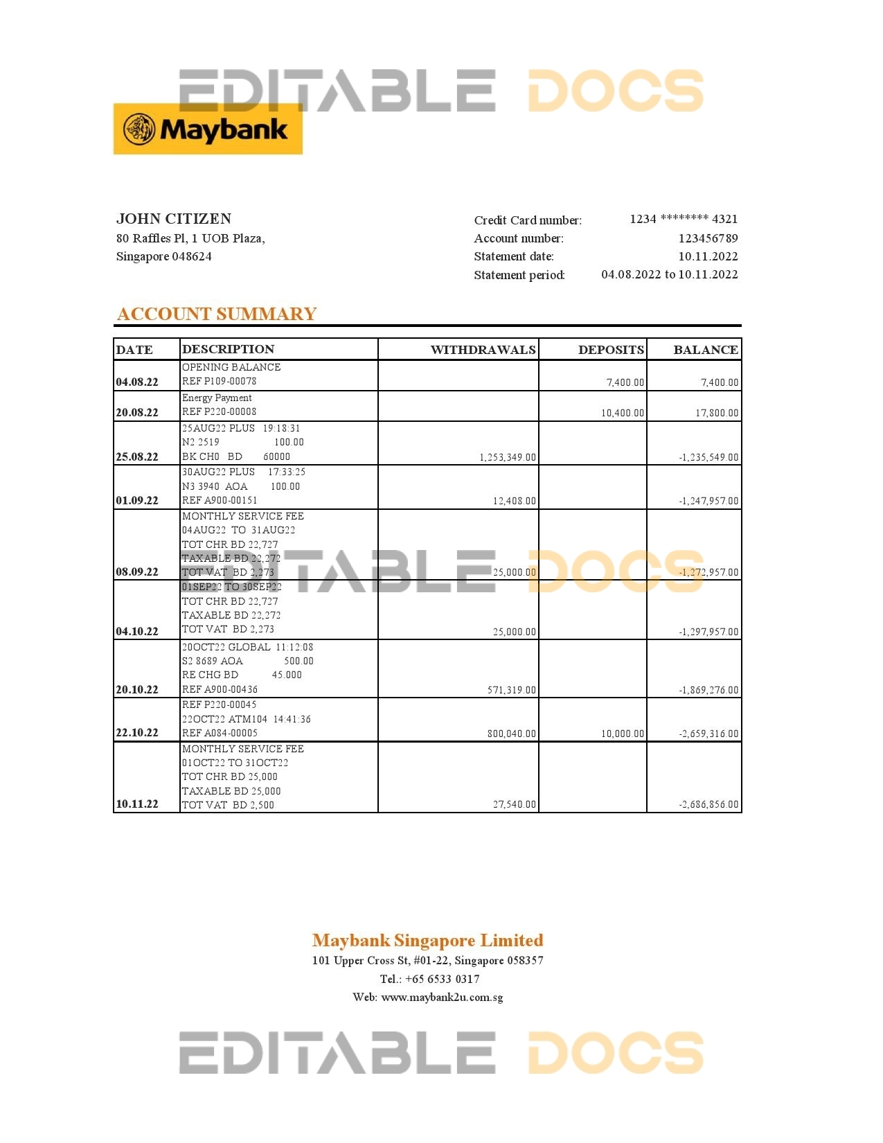 Singapore Maybank bank statement, Excel and PDF template