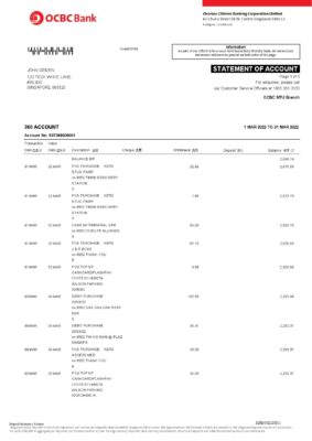 Singapore OCBC bank statement, Word and PDF template, 6 pages
